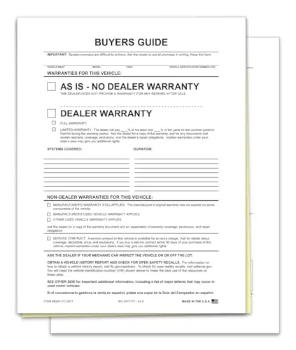 As-Is File Copy Buyers Guide Forms For Car Dealerships – 2-Part Carbonless Vehicle Sale Forms – White/Canary – 8-1/2" × 11" – No Adhesive – Ideal For Filing & Document Holders 1
