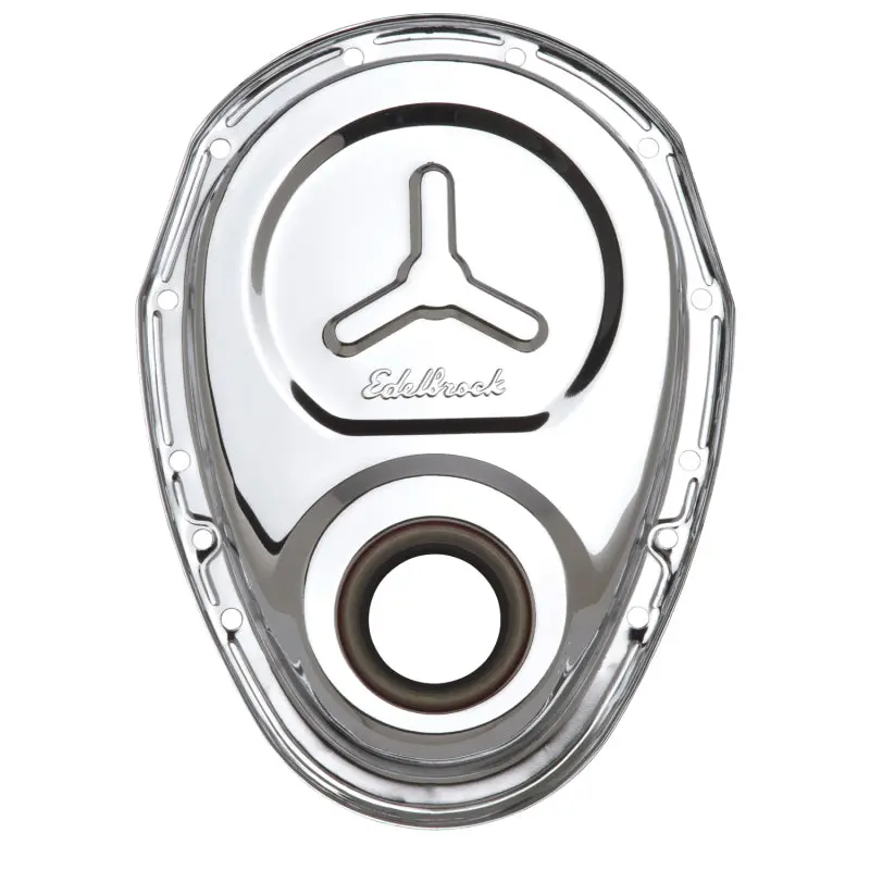Edelbrock 1980-1986 Chevrolet Camaro 2Nd-3Rd Gen Timing Cover Sb- Chrome W Welded Reinforcement Plate 1