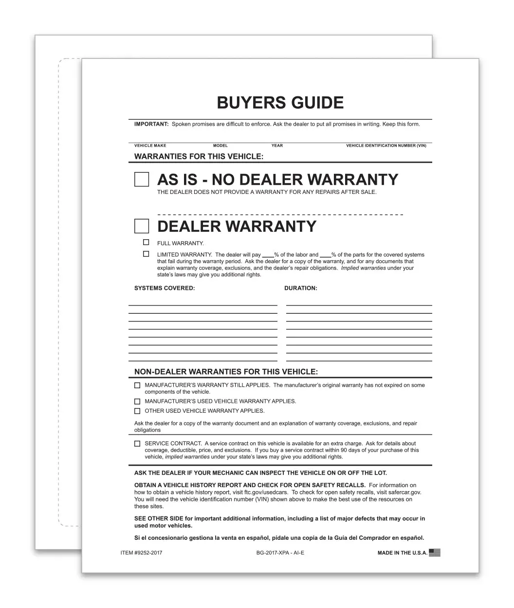 As-Is Exterior Buyers Guide For Car Dealerships - 8.5" X 11" Weather-Resistant, 1-Part Ftc-Compliant Forms - Permanent 4-Side Self-Adhesive, Laser Compatible 1