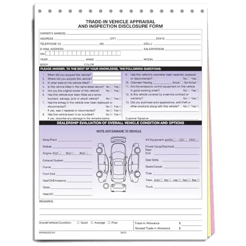 Trade-In Vehicle Appraisal & Disclosure Form - 8.5" X 11.75" Large Size - 3-Part Snap-Out Carbonless Paper - Accurate Vehicle History, Damage & Defect Documentation 1