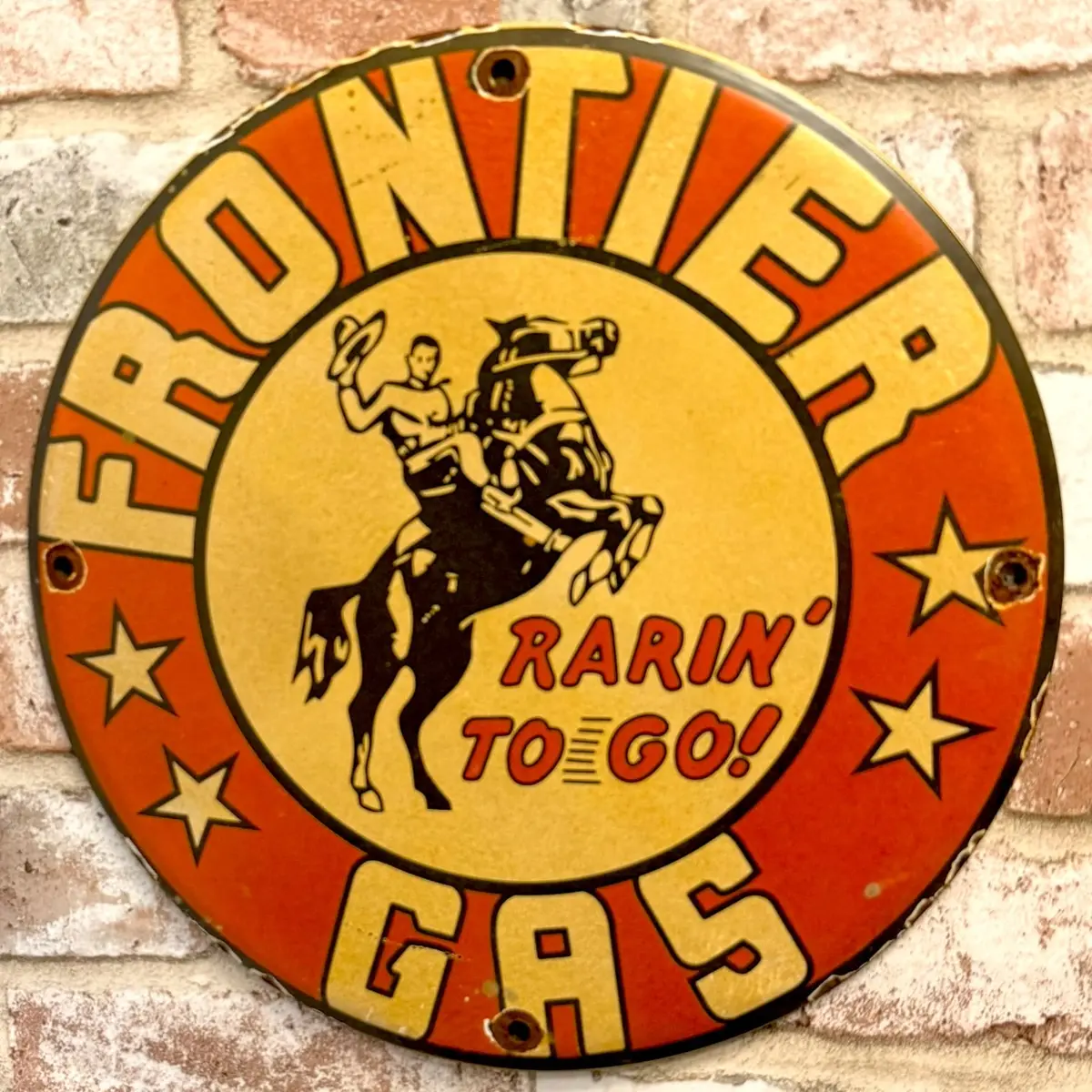 Frontier Gasoline Rarin' To Go Vintage Porcelain Enamel Metal Sign 12-Inch 1