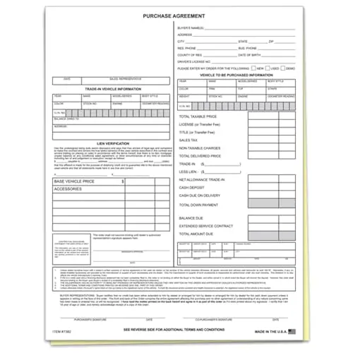Car Dealership Purchase Agreements - 8.5" × 11" 2-Part Carbonless Vehicle Sales Contracts - Edge-Glued Auto Dealer Forms, Vehicle Purchase Contracts, Sales Agreement Paperwork, Dealer Sales Documentation 1