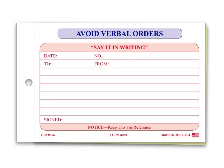 Avoid Verbal Orders Book - 6-3/4" × 4-1/4" 2-Part Carbonless Forms With Wrap-Around Cover For Permanent Written Records - White, Canary - 1 Book (50 Sets) 1