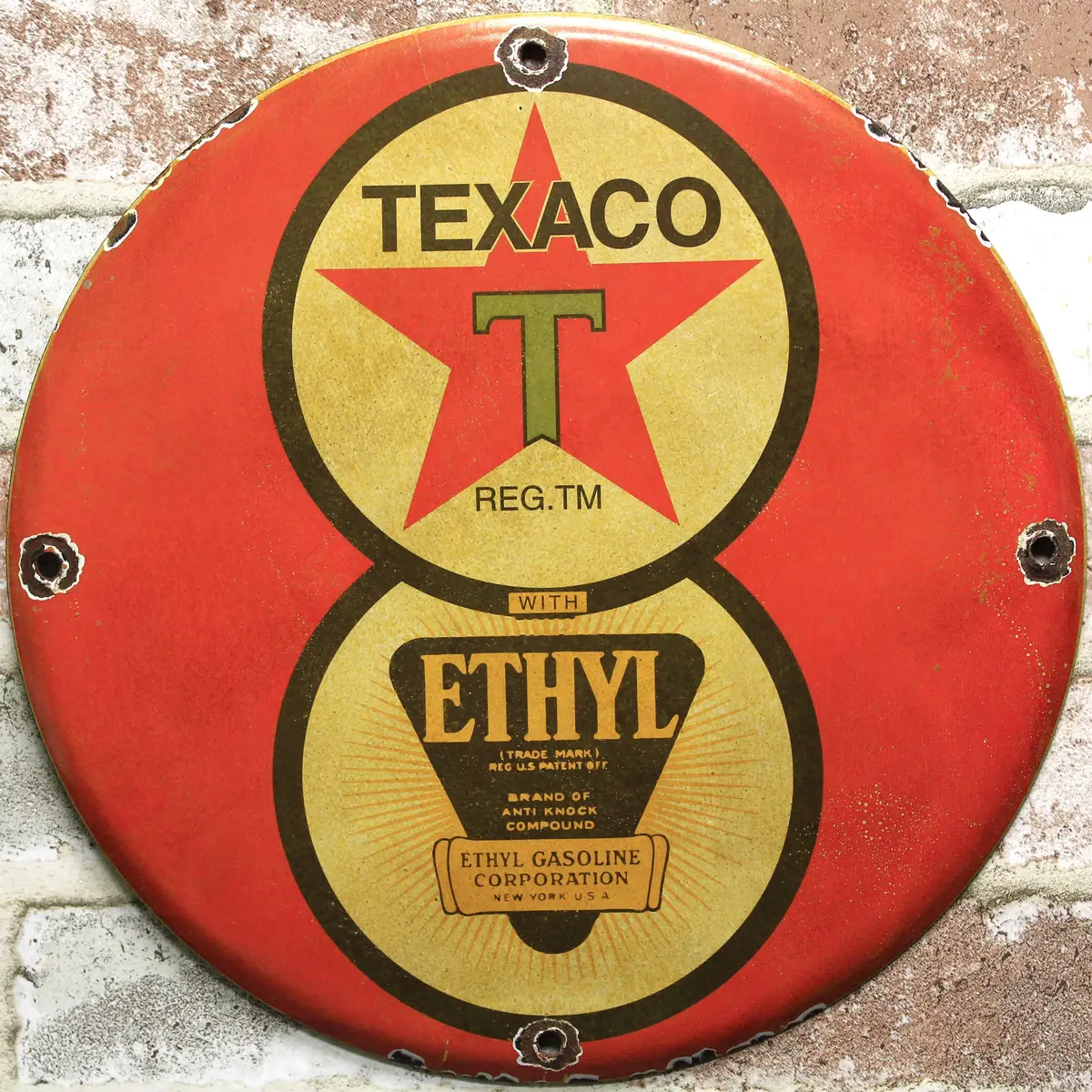 Texaco With Ethyl Gasoline Porcelain Enamel Sign (12In) 1