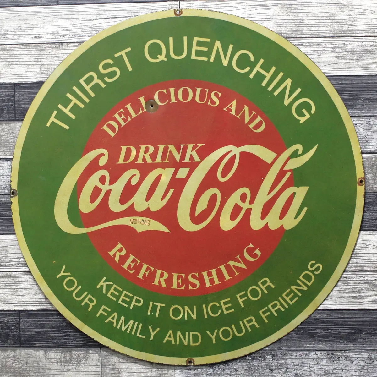 Classic Refreshing Coca-Cola Large 30-Inch Porcelain Vintage Advertising Sign With Bullet Hole 1
