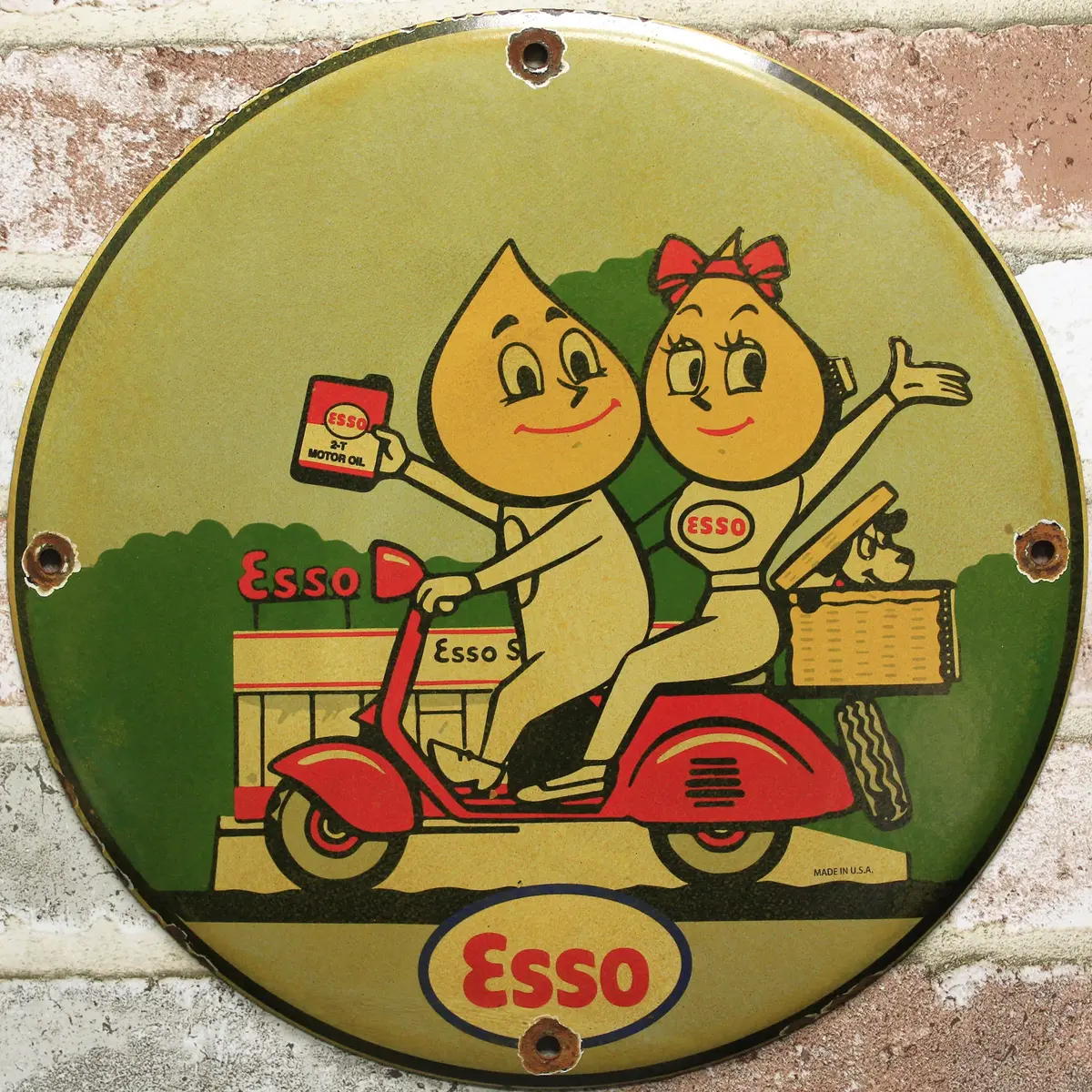 Esso Oil Drop Boy & Girl Porcelain Enamel Sign (12In) 1