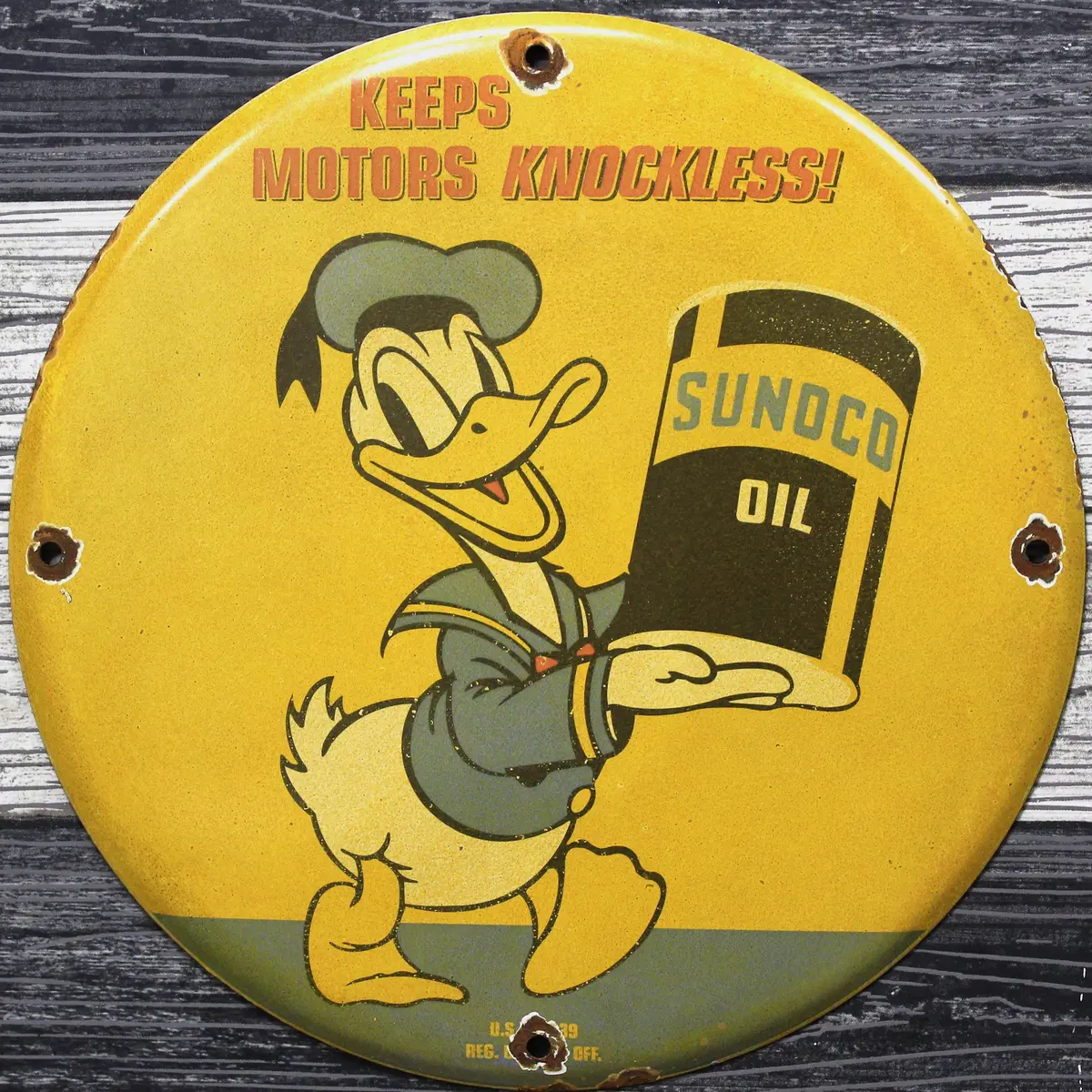 Sunoco Oil With Donald Duck Vintage Porcelain Enamel Sign (12In) 1