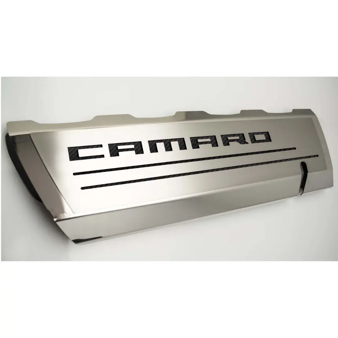 2016-2021 Camaro Ss - Fuel Rail Cover Overlays W/Camaro Color Font Inlay 2Pc | Polished Stainless Steel 1