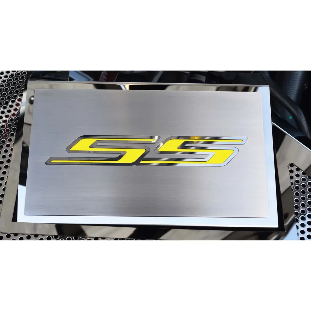 Premium 2016–2021 Chevrolet Camaro SS fuse box cover featuring a dual-finish stainless steel top plate—polished edges with a brushed center—and a customizable inlay color option for enhanced interior styling. - Image 17