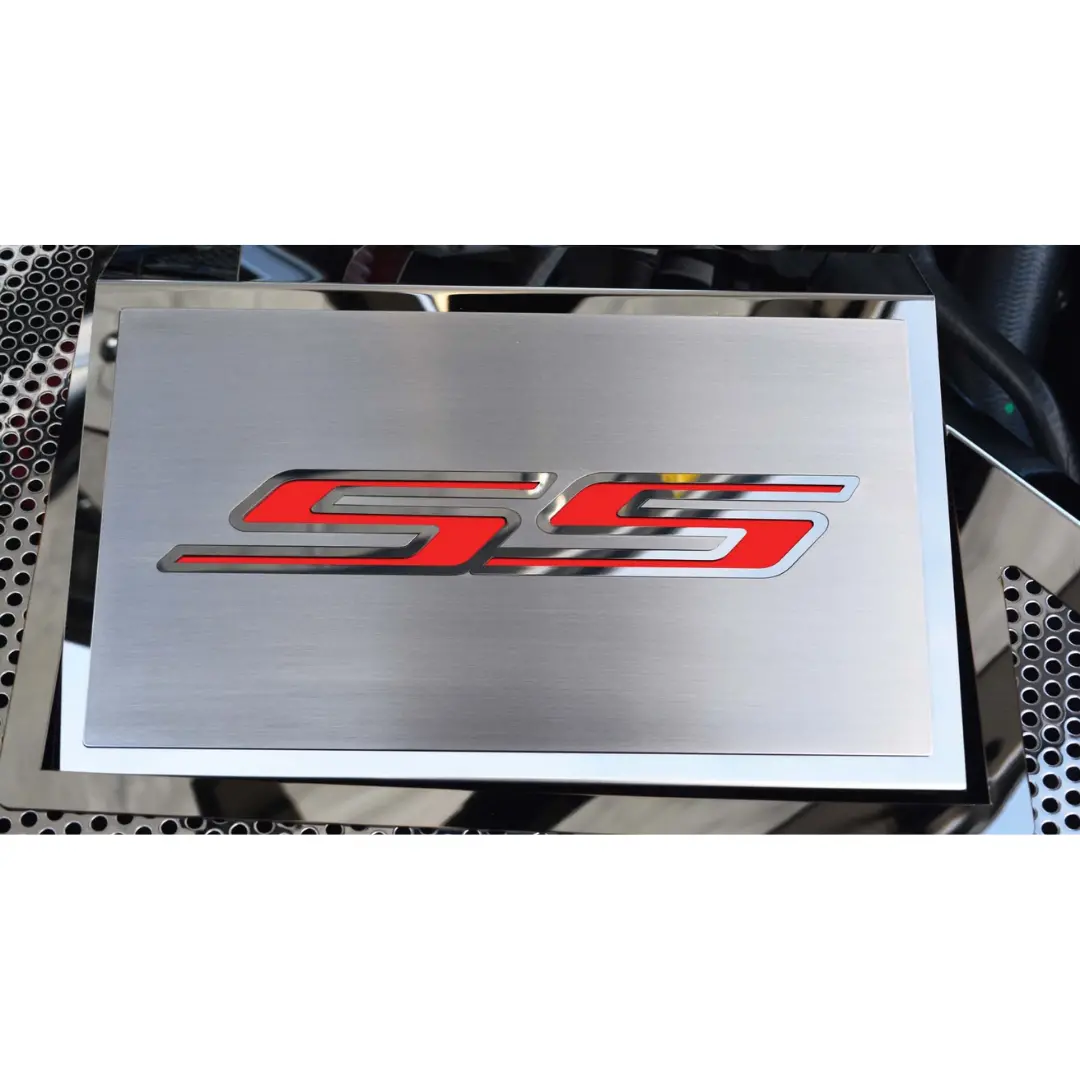 Premium 2016–2021 Chevrolet Camaro SS fuse box cover featuring a dual-finish stainless steel top plate—polished edges with a brushed center—and a customizable inlay color option for enhanced interior styling. - Image 7
