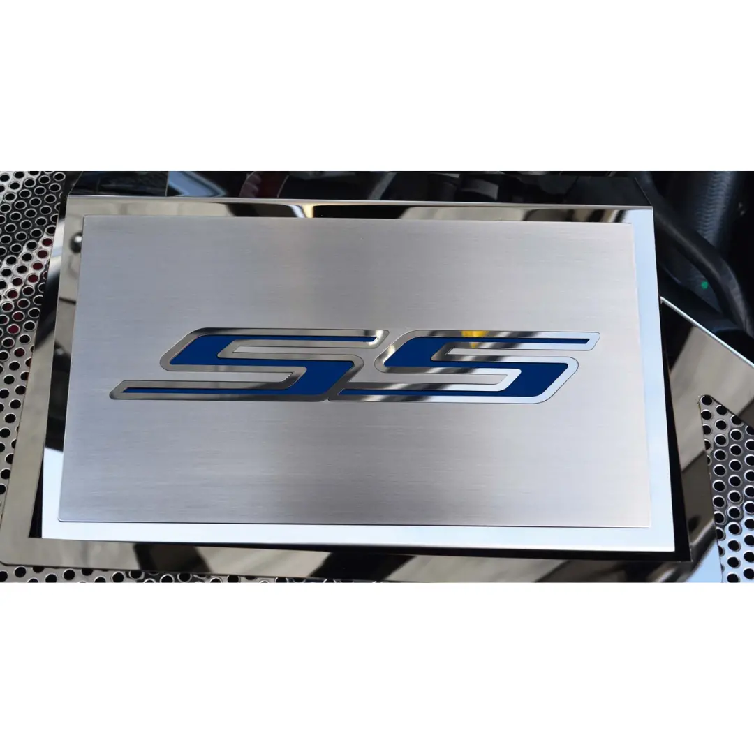 Premium 2016–2021 Chevrolet Camaro SS fuse box cover featuring a dual-finish stainless steel top plate—polished edges with a brushed center—and a customizable inlay color option for enhanced interior styling. - Image 10