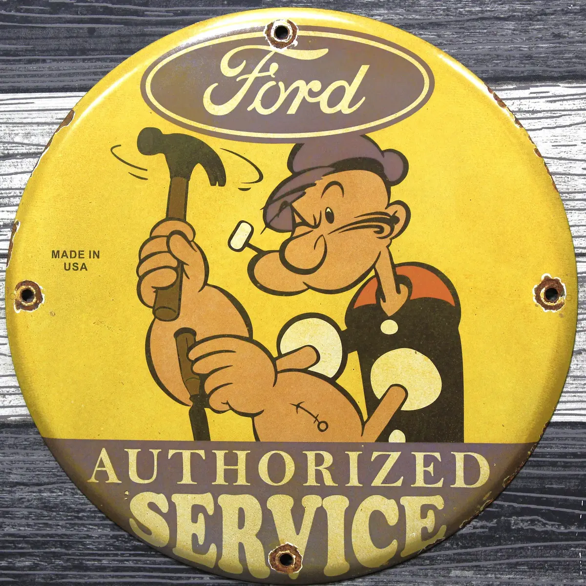 Ford Authorized Service With Popeye Porcelain Enamel Sign (12In) 1