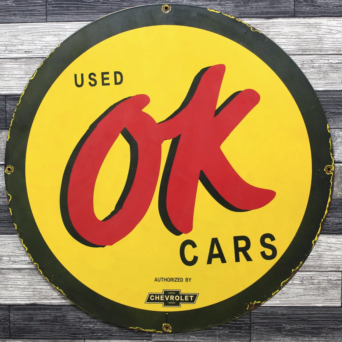 Ok Used Cars Large 30-Inch Porcelain Vintage Chevrolet Heavy Metal Enamel Sign 1