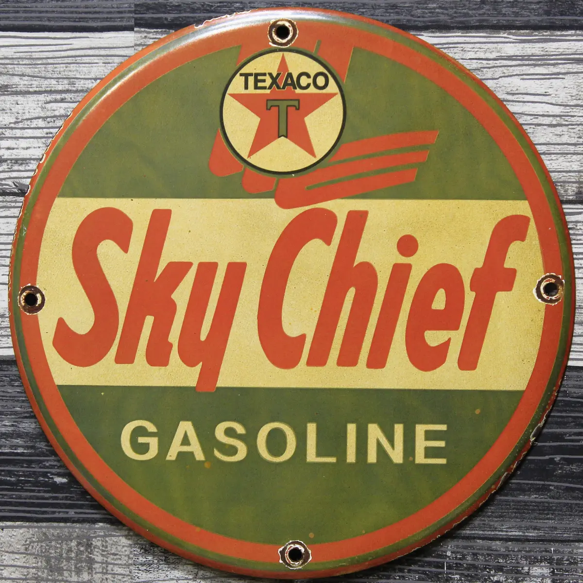 Texaco Sky Chief Gasoline Vintage Porcelain Enamel Sign (12In) 1