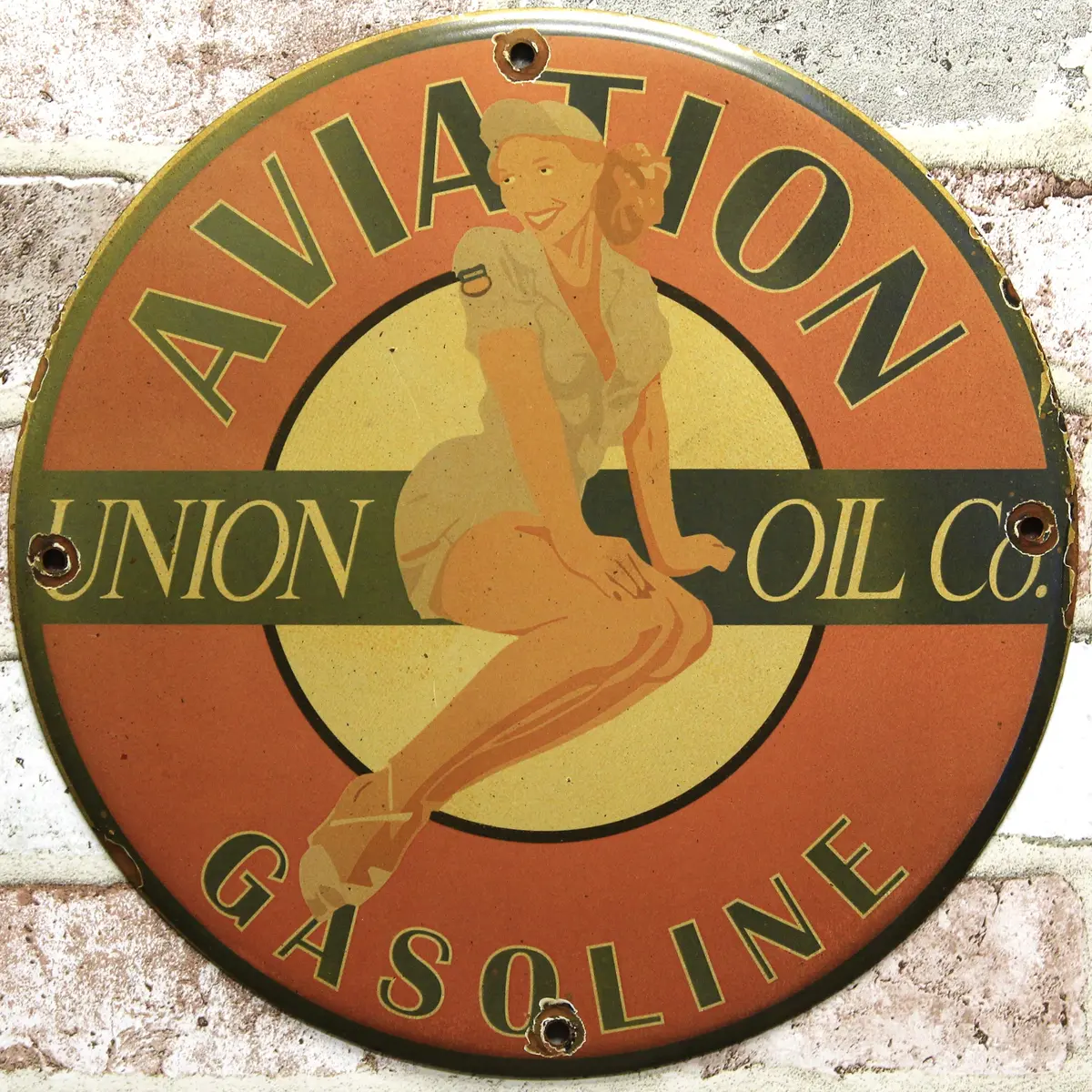 Union Oil Pinup Girl Aviation Gasoline Porcelain Enamel Sign (12In) 1