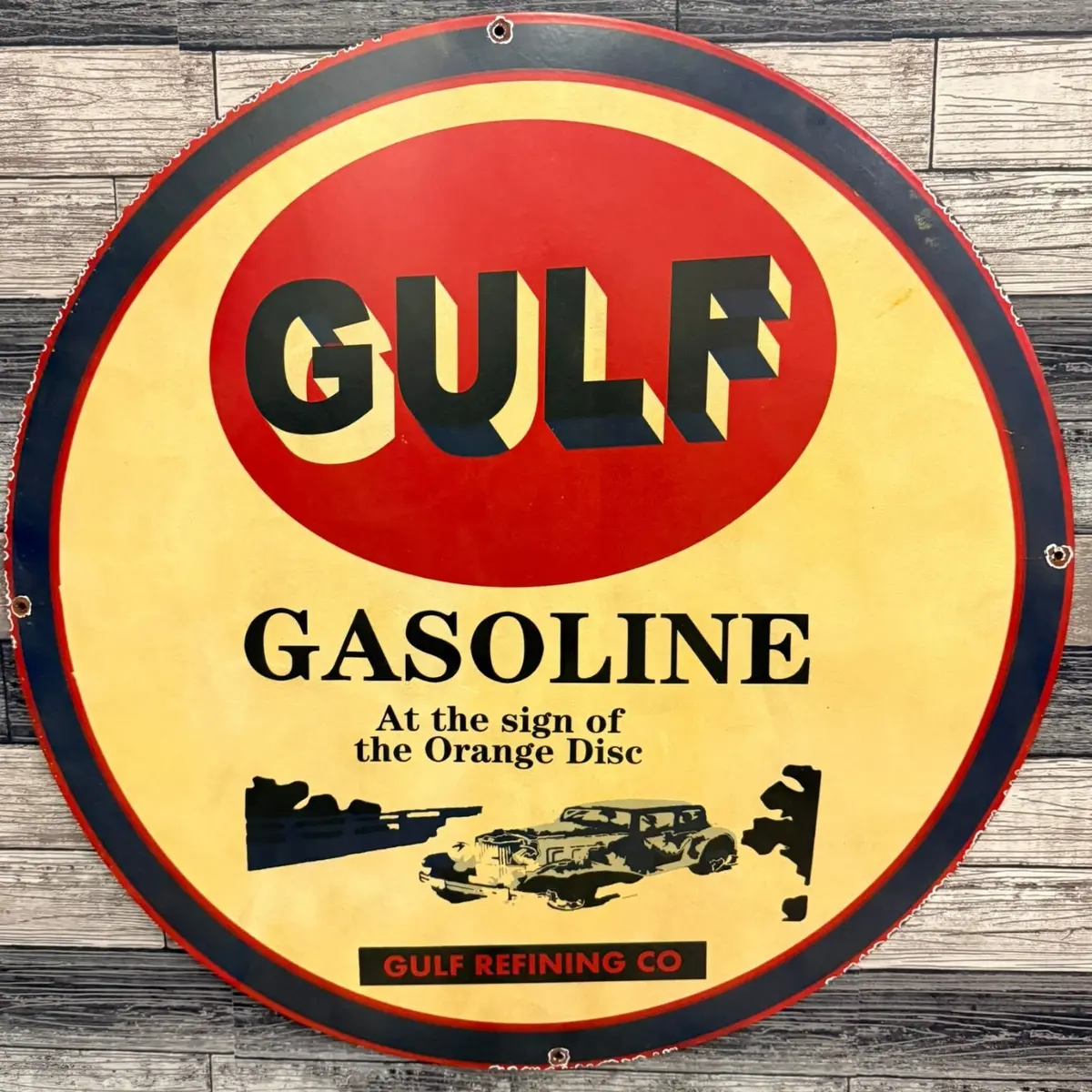 Gulf Gasoline Refining Large 30-Inch Metal Porcelain Enamel Sign 1