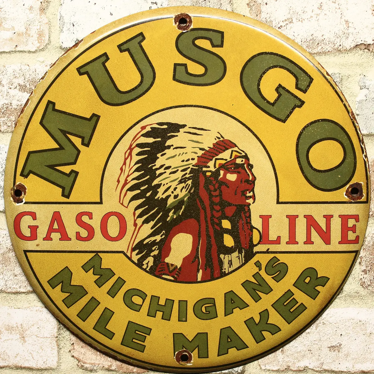 Musgo Gasoline Michigan Mile Maker Vintage Porcelain Enamel Sign (12In) 1