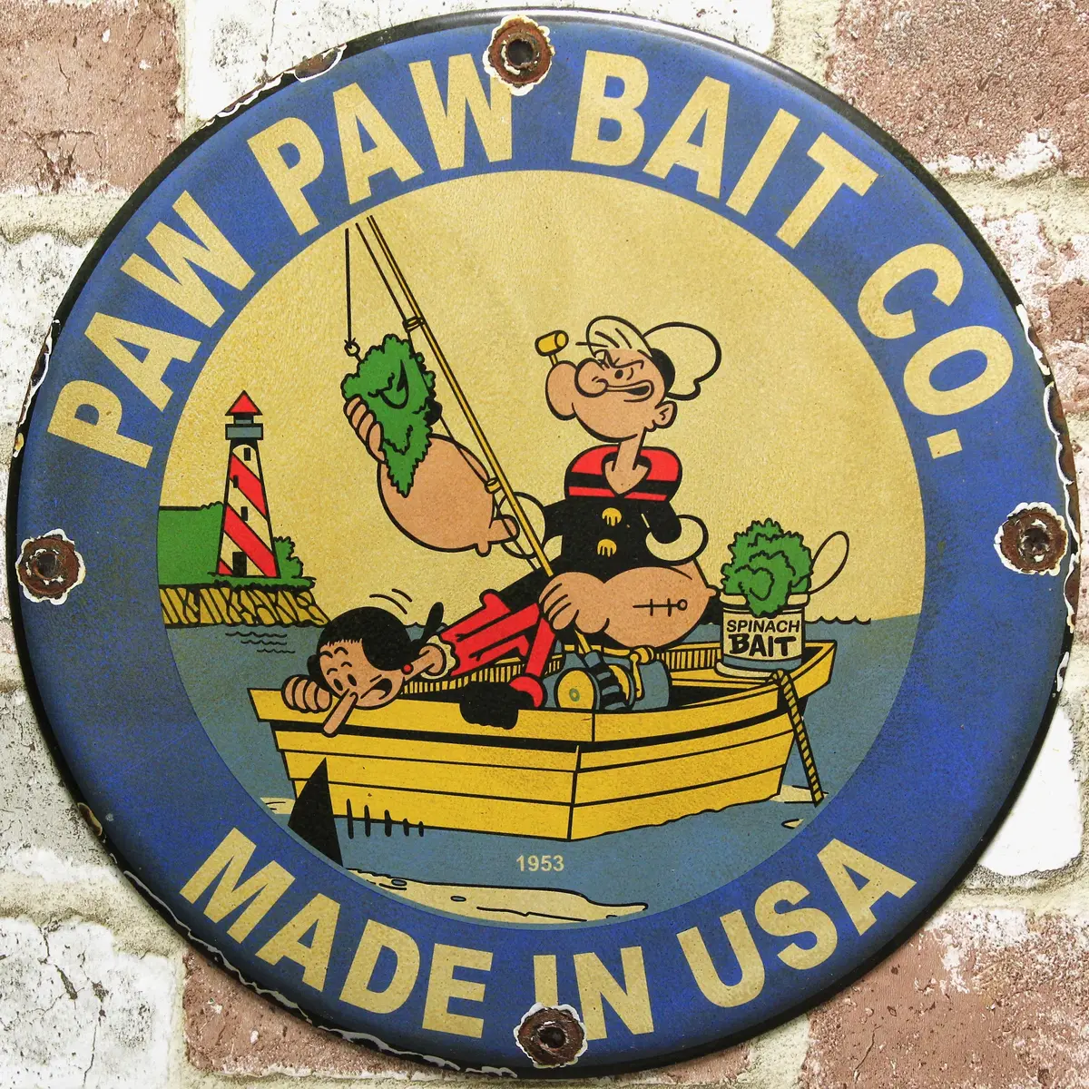 Popeye Paw Paw Bait Co Vintage Fishing Porcelain Enamel Sign (12In) 1