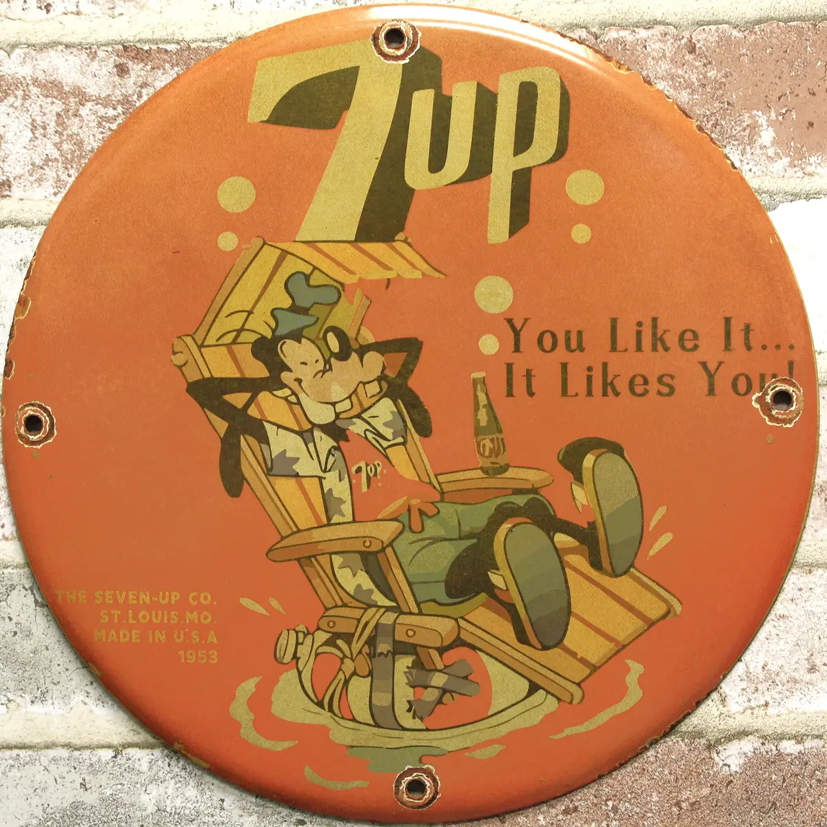 7Up You Like It With Goofy Vintage Porcelain Enamel Sign (12In) 1