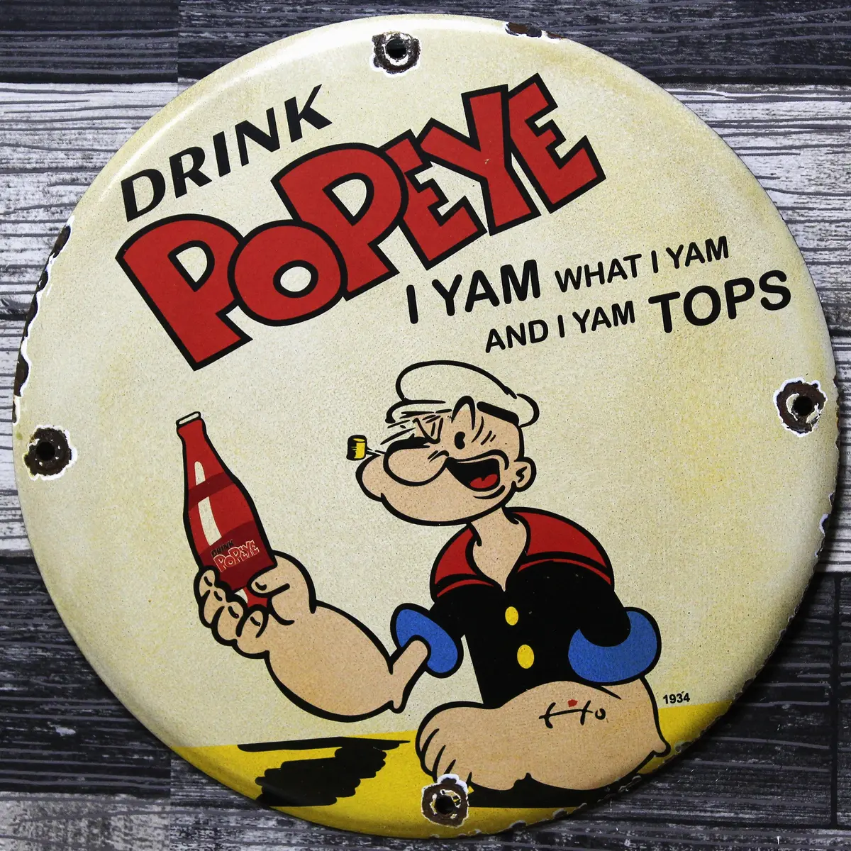 Drink Popeye Vintage Tops Porcelain Enamel Sign (12In) 1
