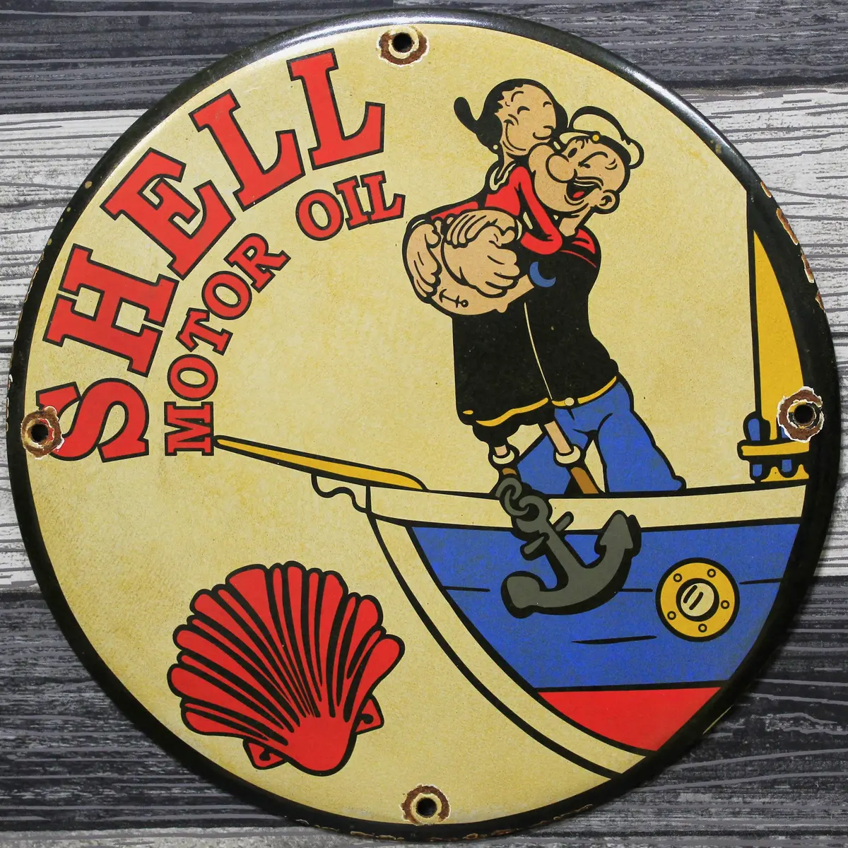 Shell Motor Oil With Popeye & Olive Porcelain Enamel Sign (12In) 1
