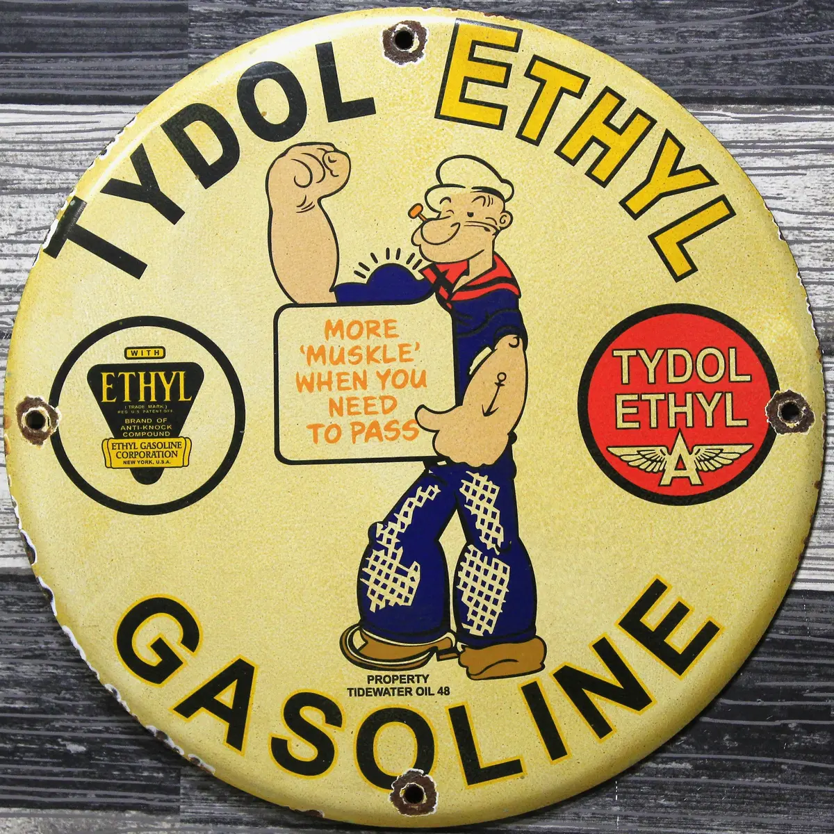 Popeye Tydol Ethyl Gasoline Porcelain Enamel Sign (12In) 1