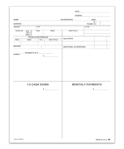 Car Dealership Four Square Form – 8.5" X 11" Single-Part Padded Vehicle Sales Contract, Trade-In & Financing Proposal Form 1