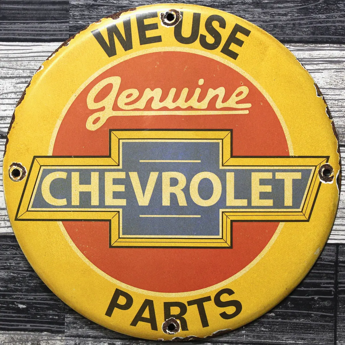 We Use Chevrolet Parts Porcelain Enamel Sign (12In) 1
