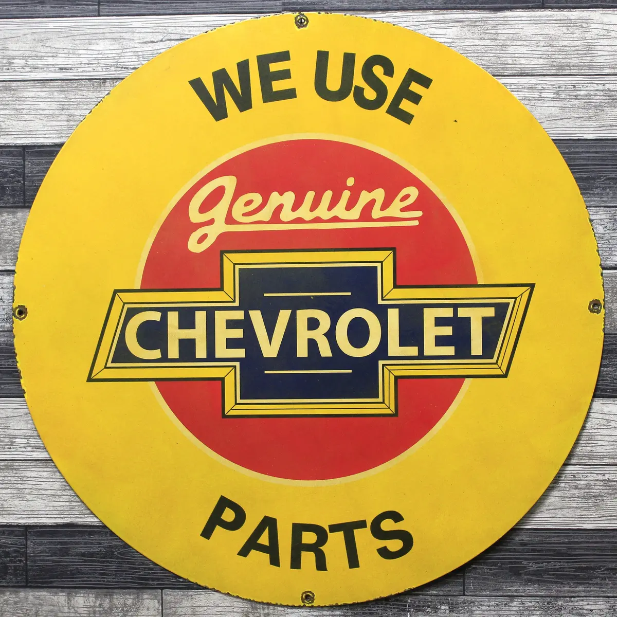 We Use Chevrolet Parts Large Metal 30-Inch Porcelain Vintage Enamel Service Station Sign 1