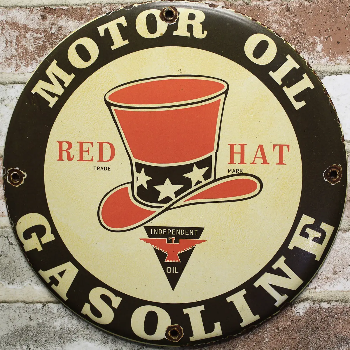 Red Hat Motor Oil Gasoline Porcelain Enamel Sign (12In) 1