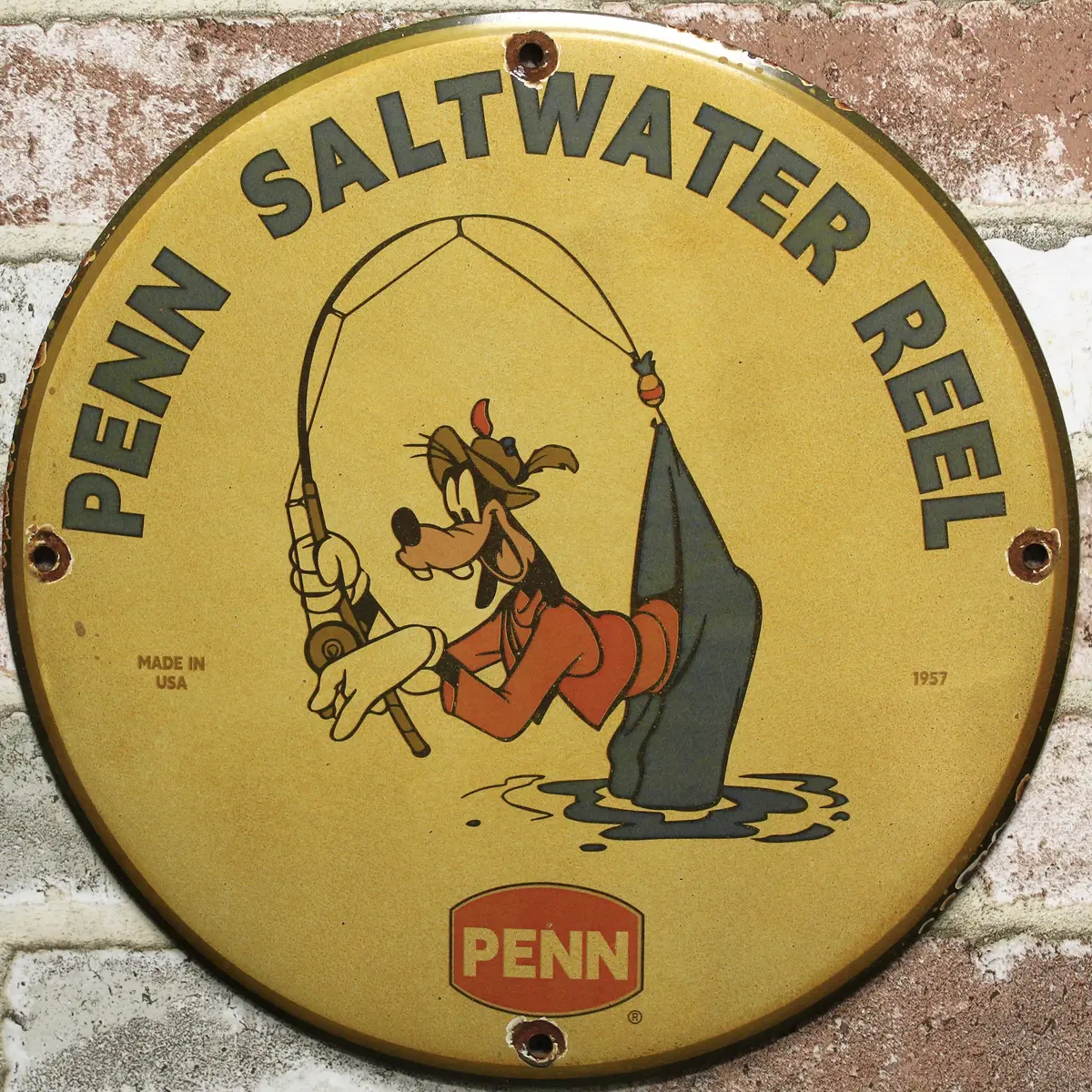Penn Saltwater Reels With Goofy Fishing Vintage Porcelain Enamel Sign (12In) 1