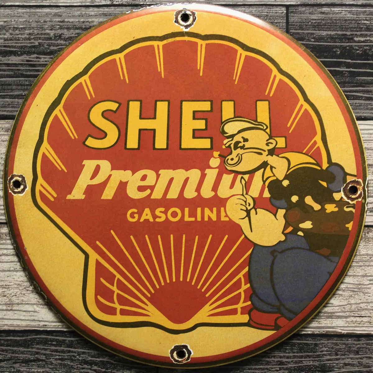 Shell Premium Gasoline With Popeye Porcelain Enamel Sign (12In) 1