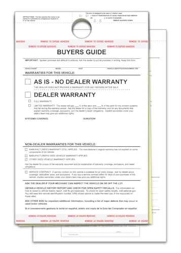As-Is No Lines Hanging Buyers Guide Forms For Car Dealerships – 8-1/2" × 11-3/4" 2-Part Carbonless Vehicle Sale Forms – White/Canary – Adhesive Tape – Large Hole For Rearview Mirror Display 1