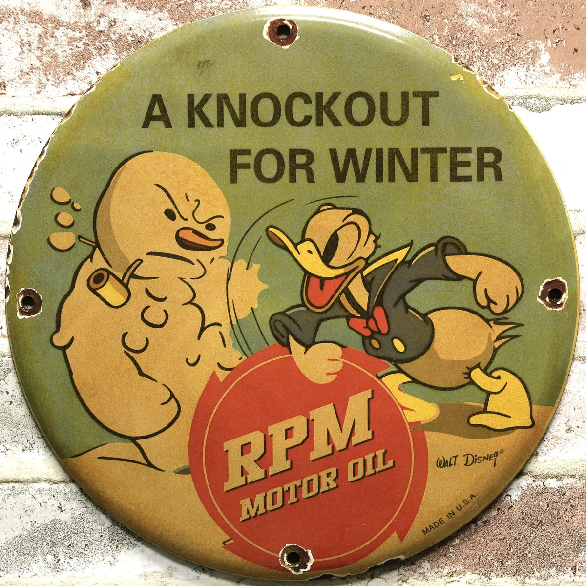 Rpm Motor Oil Donald Duck Knockout For Winter Porcelain Enamel Sign (12In) 1