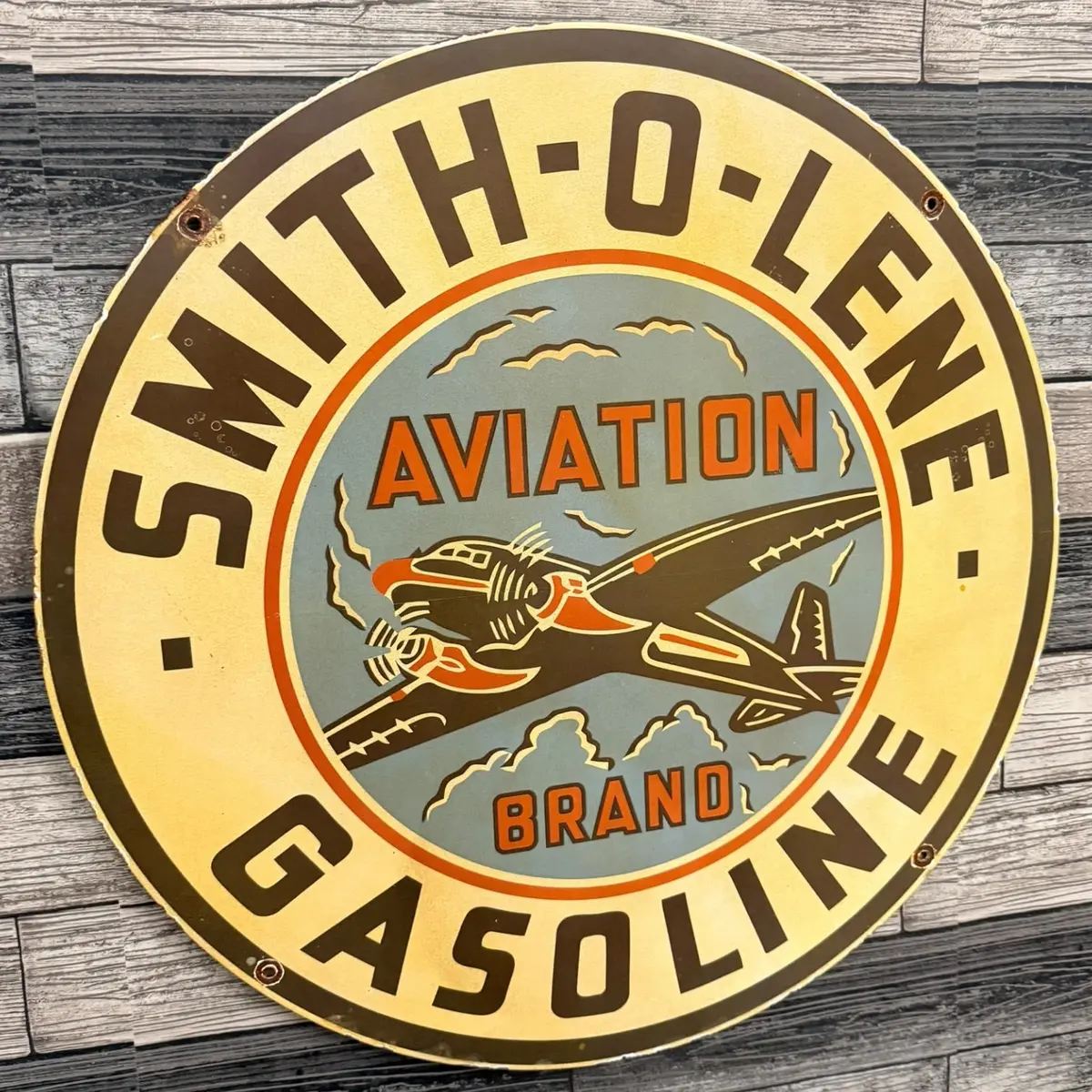 Aviation Brand Gasoline 2Ft Smith-O-Lene Porcelain Enamel Metal Advertising Sign 1