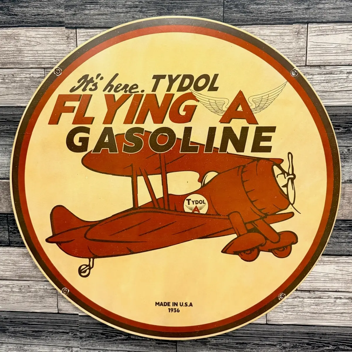 Tydol Flying A Gasoline Aviation 1936 Large Porcelain Enamel Sign 30-Inch 1