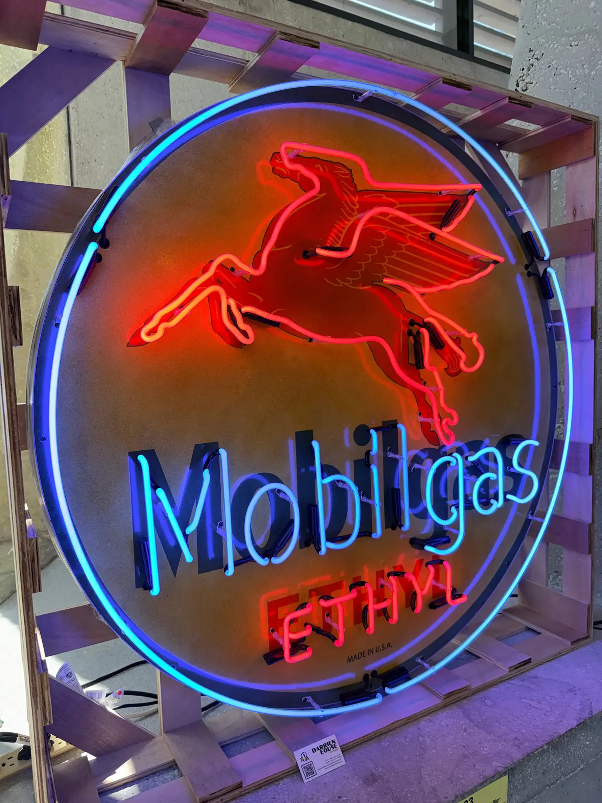 Real Glass Neon Porcelain Can - Vintage Mobilgas Ethyl Flying Winged Horse Pegasus - Old Light Up Gas Station Advertising Reproduction 1