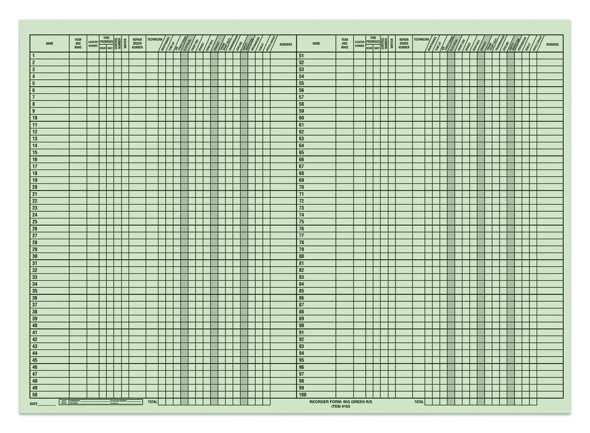 Big Green Vehicle Route Sheet For Tracking – 28" X 20" Durable 60# Green Stock With 100 Lines Per Sheet – 50 Sheets Per Pad For Fleet Management & Automotive Service Centers 1