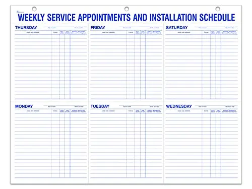 Weekly Service Appointment And Installation Schedule Pad – 22" X 17" Office Desk Pad – 60# White Paper, Horizontally & Vertically Perforated –(Packaged 52 Sheets Per Pad) 1