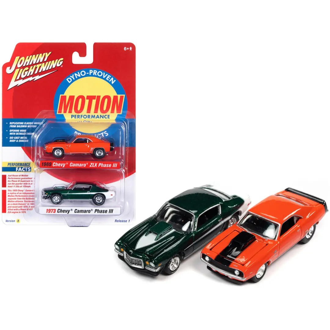 1969 Chevrolet Camaro Zlx Phase Iii Hugger Orange With Black Stripes And 1973 Chevrolet Camaro Phase Iii Dark Green Metallic And White "Baldwin Motion" Set Of 2 Cars 1/64 Diecast Model Cars By Johnny Lightning 1