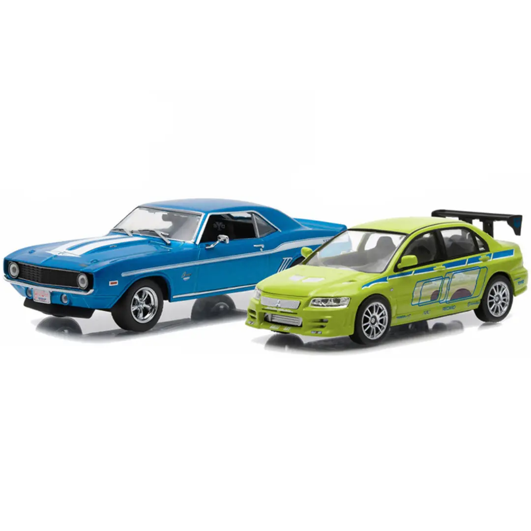 1969 Chevrolet Yenko Camaro Blue And 2002 Mitsubishi Lancer Evolution Vii Green (Drag Scene) "2 Fast 2 Furious" (2003) Movie Diorama Set Of 2 Pieces 1:43 Die Cast Model Cars By Greenlight 1