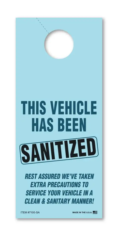 Blue Sanitized Hang Tags For Automotive Service – 3-2/3" × 8-1/2" Durable 65# Paper – Vehicle Sanitization Reminder Tags – Rear-View Mirror Hanging Design For Car Dealerships & Service Centers (100-Pack) 4