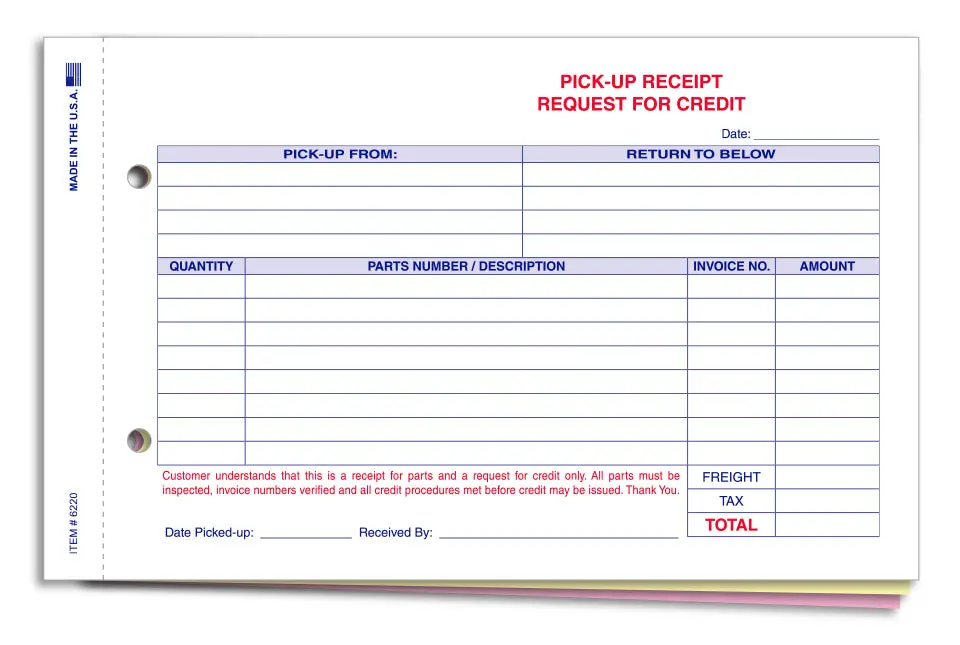 Automotive Parts Pick-Up Receipt – 3-Part Snap-Out Carbonless Return Forms – Customer, Accounting & Parts Department Copies – 9-1/8" × 5-2/3" Parts Return Documentation, Bulk Pack 1