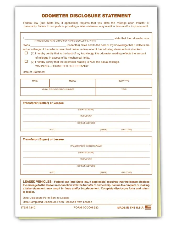 Pre-Aligned Odometer Disclosure Statements - 5-2/3" × 8-1/4" 2-Part Edge-Glued/3-Part Snap-Out Carbonless Forms - Perfectly Align With Pre-Programmed Printers - White, Canary, Pink 5