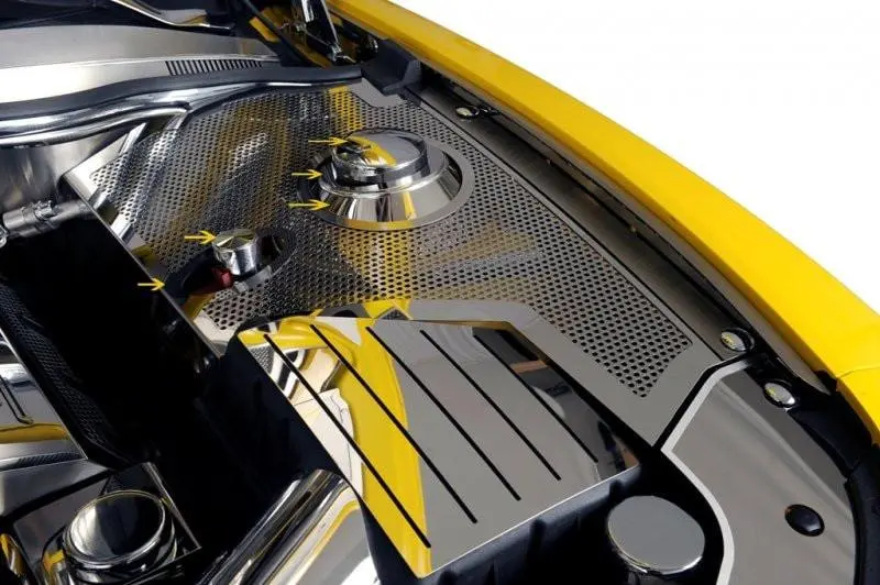 2010-2011 5Th Gen Camaro Inner Fender Covers W/ Fuse Box Cover - Polished Perforated Stainless Steel 2