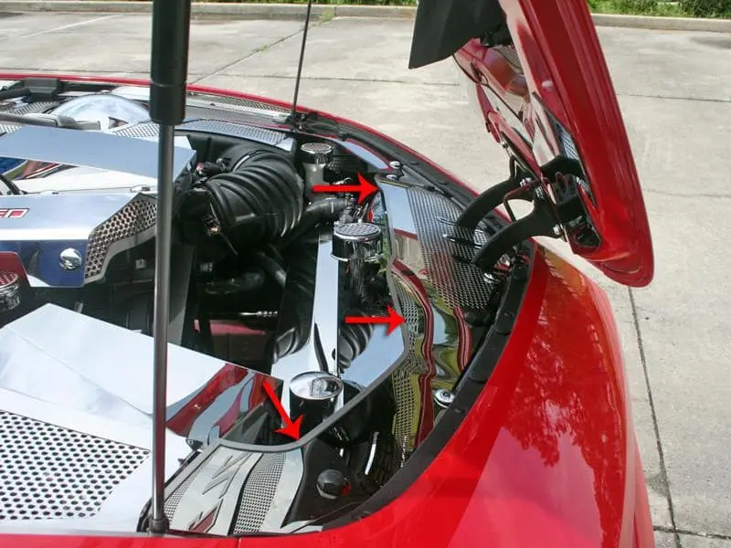 2010-2015 5Th Gen Camaro Reverse Mounted Hood Header Plate - Perforated Polished Stainless Steel 1