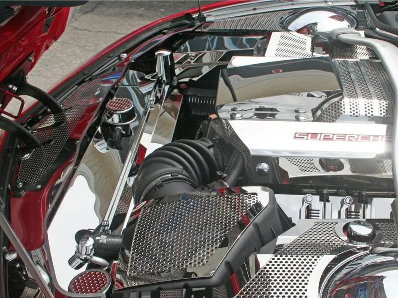 2010-2015 5Th Gen Camaro Reverse Mounted Hood Header Plate - Perforated Polished Stainless Steel 2