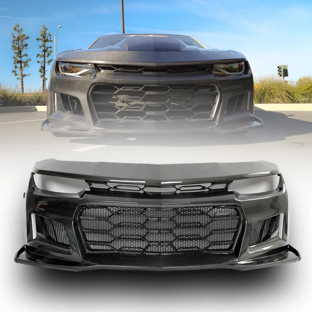 2010-2015 Chevy Camaro Black Panther 1Pc Full Gloss Carbon Fiber Track Package Front Bumper Conversion 1
