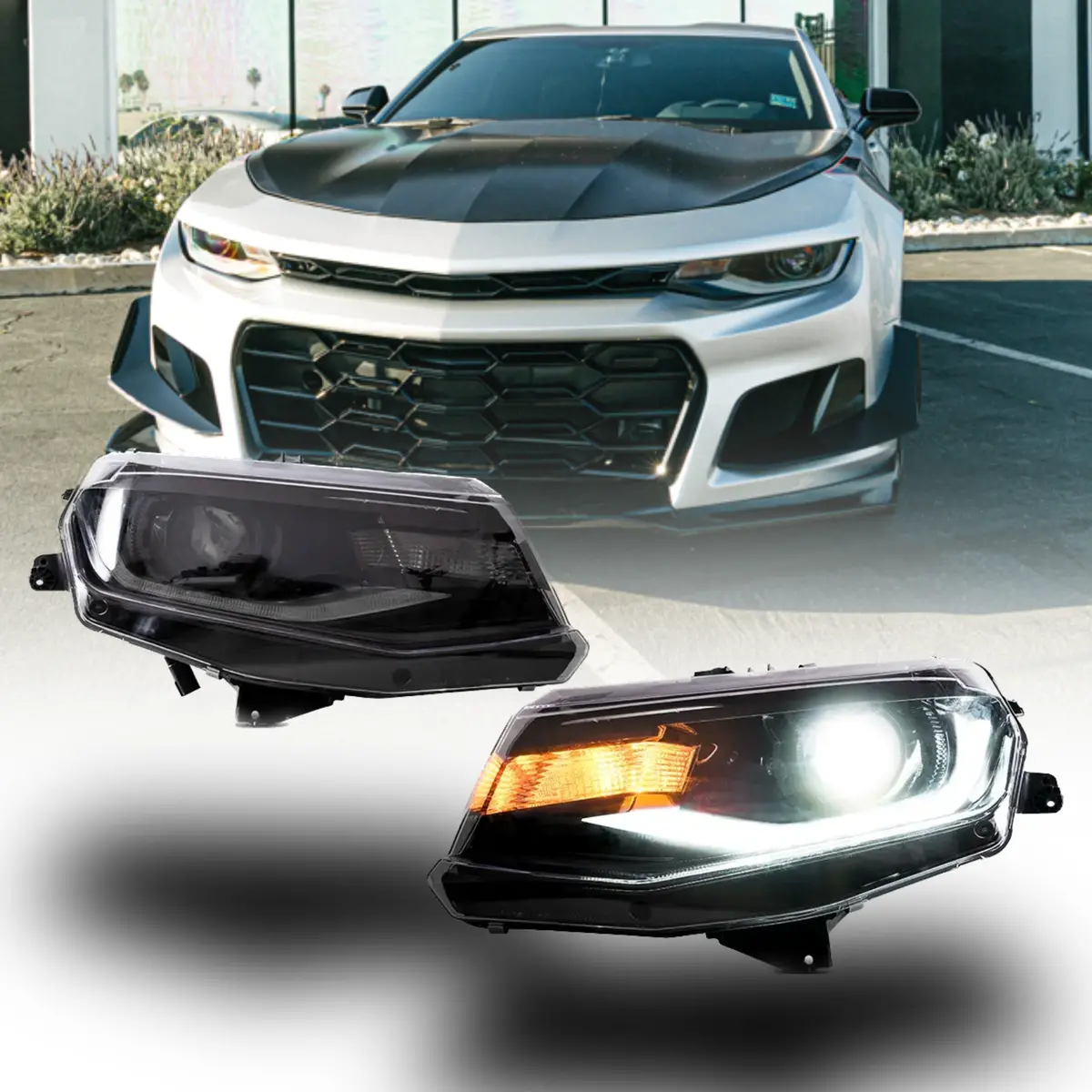 2016-2018 Chevy Camaro Oem Replica Headlights – Amber Sequential Led, Built-In Low/High Beams 1