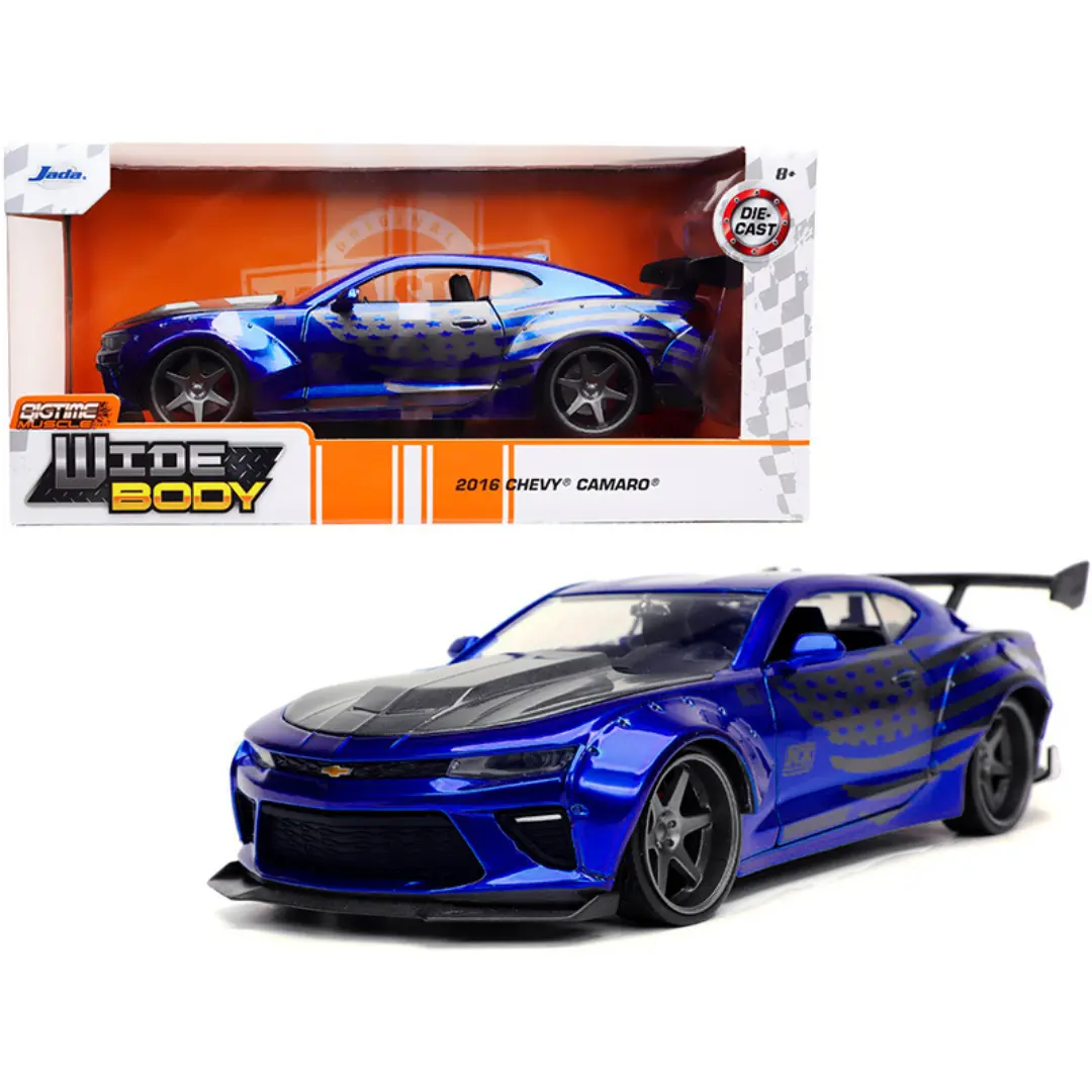 2016 Chevrolet Camaro Widebody Candy Blue American Flag Graphics 1/24 Diecast Model Car By Jada 1